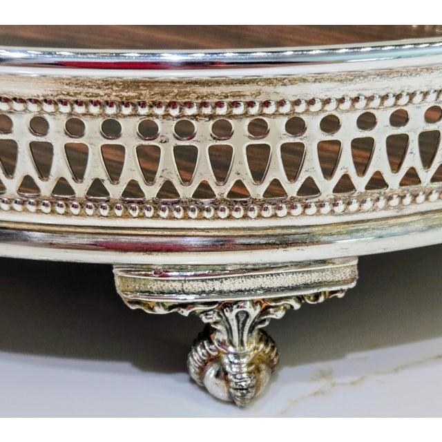 Sheffield Silver Co. Mid Century Sheffield Silver Co. Formica Laminate Footed Serving Tray, Wood-Grain, Silverplate Gallery For Sale - Image 4 of 12