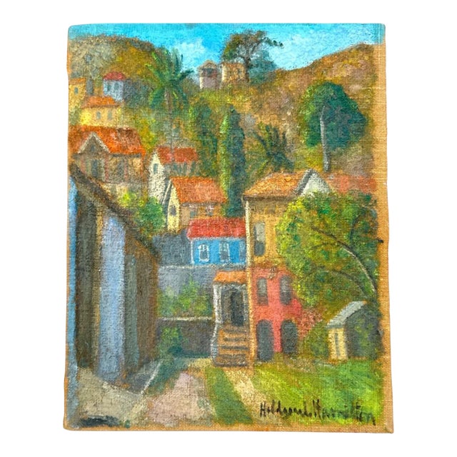 Hildegard Hume Hamilton (American 1898-1970) Oil on Canvas, Village Scene For Sale