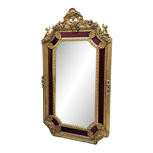 Burgundy Royale – French Baroque Wall Mirror With Velvet-Framed Gold Leaf Details & Ornate Floral Carvings For Sale