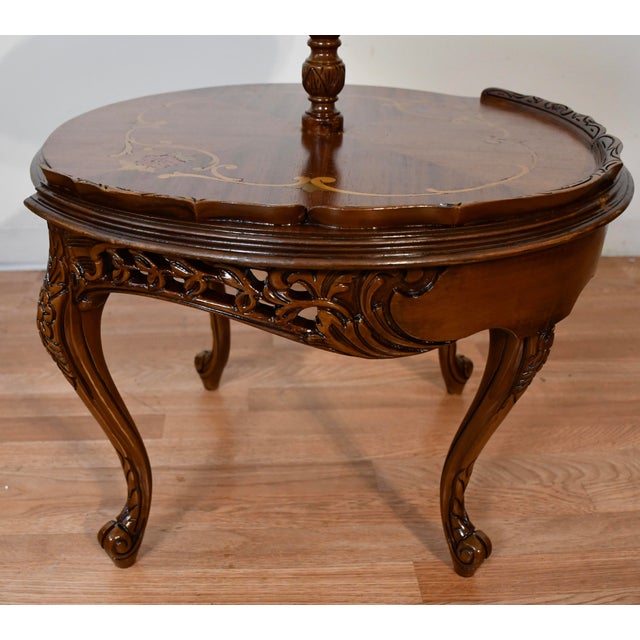 1920 Antique French Louis XV Walnut Inlaid 2 Tier Side End Table / Serving Table For Sale - Image 9 of 12