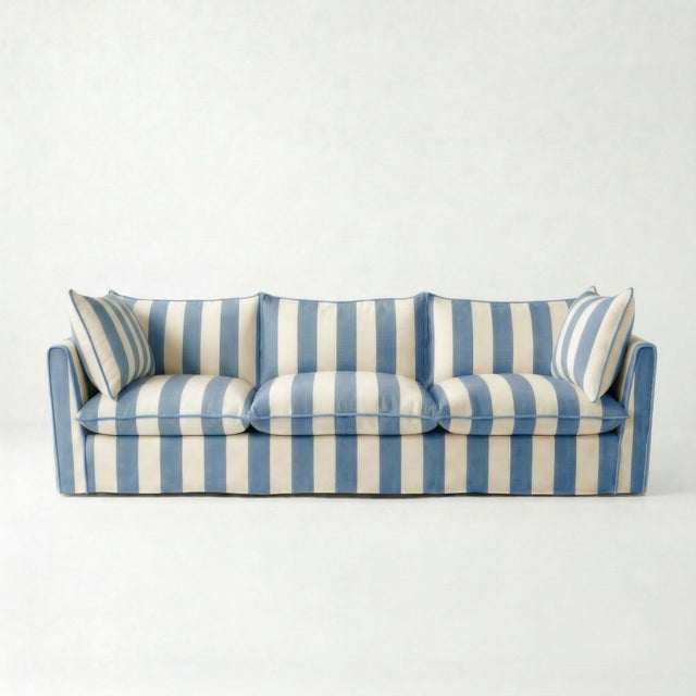 Sophie Conran Coco 4 Seater Sofa - Cornish Blue Stripes with Knife Edge Cushion For Sale - Image 4 of 4