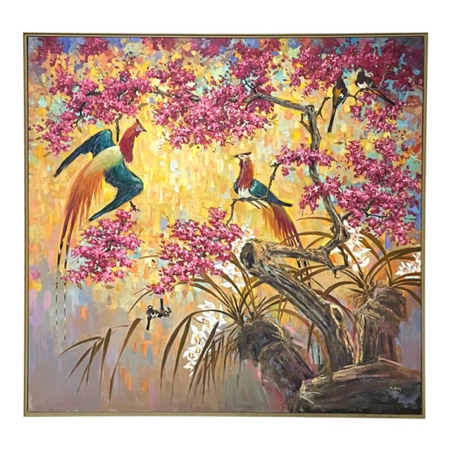 Signed Chinoiserie Painting of Florals and Birds on Canvas For Sale
