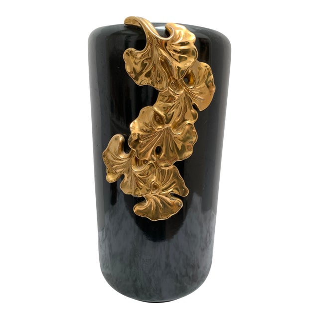 Vintage Large Italian Black and Gold Ginkgo Leaf Vase or Umbrella Vessel For Sale