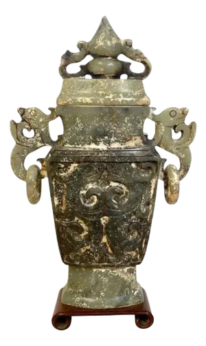 Chinese Carved Green & White Quartz Vase & Cover