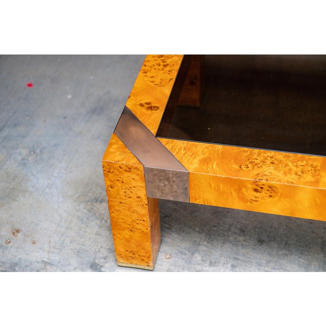 1970s Burl & Smoke Glass Coffee Table With Chrome Trim in the Style of Milo Baughman For Sale - Image 12 of 18