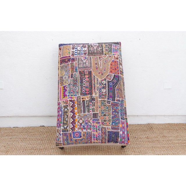 Blue Tribal Modern Upholstered Ottoman Coffee Table For Sale - Image 8 of 9