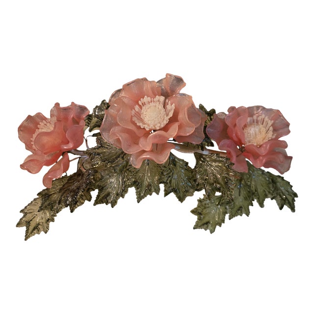 Vintage Pink Lucite Floral Arrangement With Green Leaves For Sale