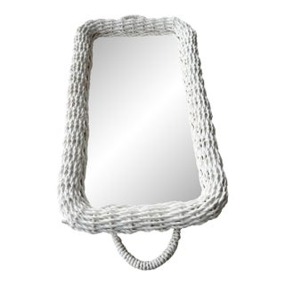 Vintage Boho White Wicker Mirrored Vanity Tray & Wall Mirror For Sale