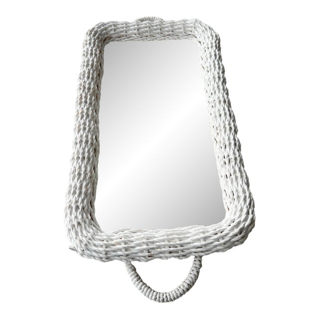 Vintage Boho White Wicker Mirrored Vanity Tray & Wall Mirror For Sale