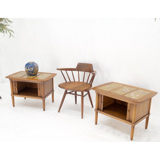 Wood Pair Tomlinson Tambour Door Fossil Marble Top Side End Night Stands Tables Mint! For Sale - Image 7 of 14