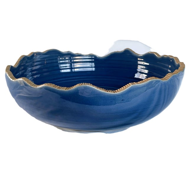 Wood Contemporary Thai Rustic Blue Wood-Ash Glazed Pottery Bowl For Sale - Image 7 of 10