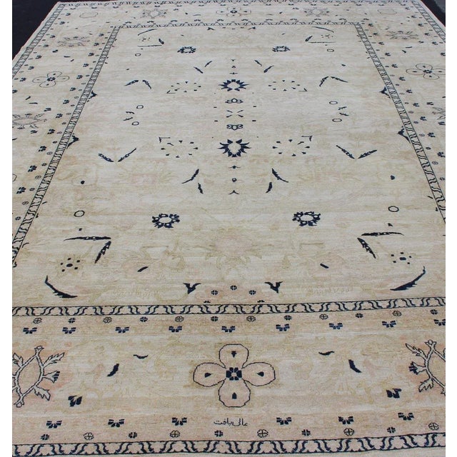 Cream Vintage Tabriz Rug With Beige Field and Deep Indigo Accents Geometric Design For Sale - Image 8 of 13