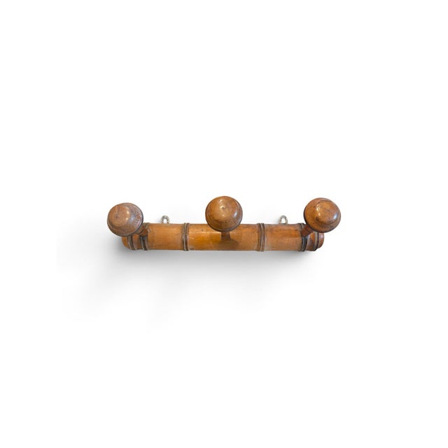 French Antique 1930s French Faux Bamboo Wooden Coat Rack | 3-Peg Turned Wood Wall Mirror Hat Hooks For Sale - Image 3 of 3