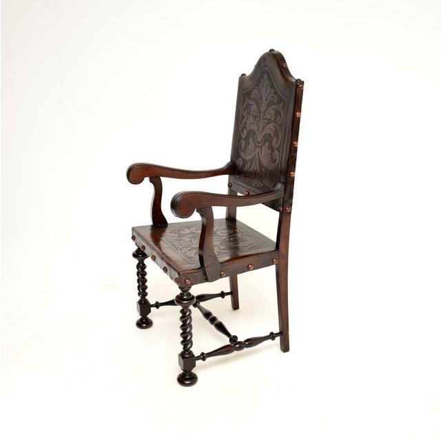 Late 19th Century Antique Portuguese Embossed Leather and Walnut Dining Chairs, 1880, Set of 6 For Sale - Image 5 of 17