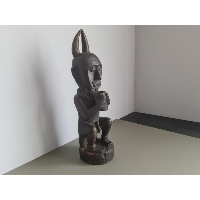 Wood Vintage African Wooden Horned Figure Sculpture Tribal Art Hand Carved Wood Statue, 1970 For Sale - Image 7 of 9