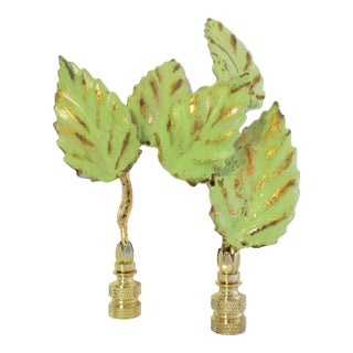 Vintage Pale Green and Patina Gold Leaf Tole Leaf Lamp Finials, a Pair by C. Damien Fox For Sale