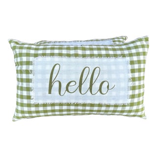 Pair of Green Checked "Hello" Pillows For Sale