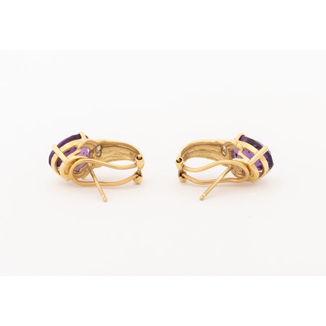 Metal 14k Yellow Gold Amethyst and Diamond Hoop Earrings For Sale - Image 7 of 7