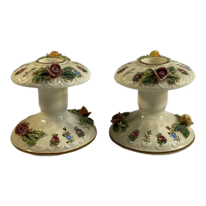 Pair Vintage Ceramic Candle Holder Set Hand Painted Applied Flowers Italy