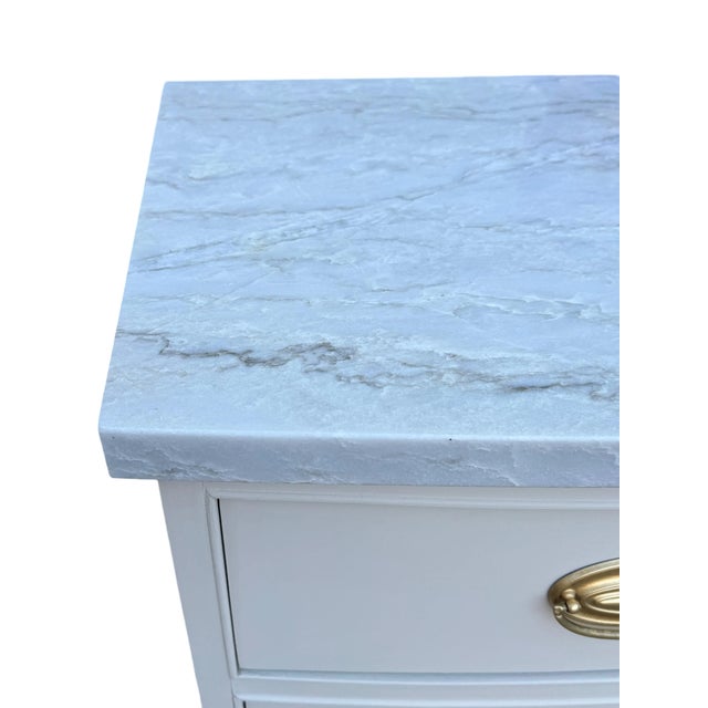 1970s Vintage Bow-Front Dresser Bathroom Vanity With Marble Top & Brass Hardware -White Pearl Quartzite For Sale - Image 5 of 5