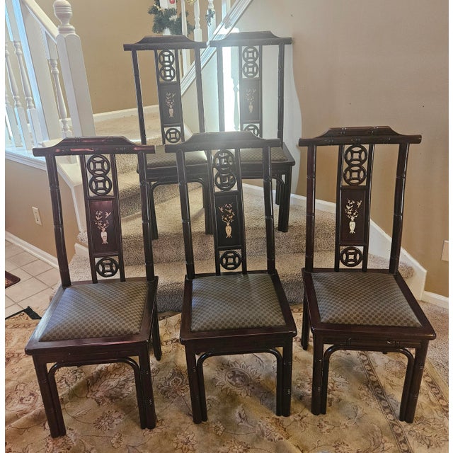 Vintage Set of Five Chinoiserie Inlaid Back Dining Side Chairs For Sale - Image 4 of 15