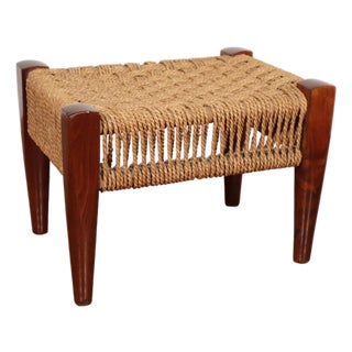 Vintage Danish Style Woven Wood Peg Foot Stool 50's 60's Retro Mid Century Modern Eclectic Boho Bamboo Basket Weave Paper Cord For Sale