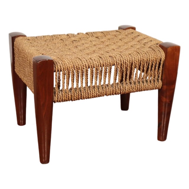 Vintage Danish Style Woven Wood Peg Foot Stool 50's 60's Retro Mid Century Modern Eclectic Boho Bamboo Basket Weave Paper Cord For Sale