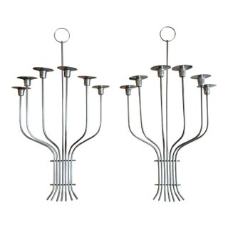 1970s Monumental Mid-Century Modern Silvered Brass 7-Light Candle Sconces, Attributed to Tommi Parzinger – A Pair For Sale
