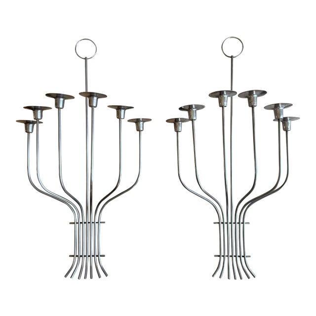 1970s Monumental Mid-Century Modern Silvered Brass 7-Light Candle Sconces, Attributed to Tommi Parzinger – A Pair For Sale