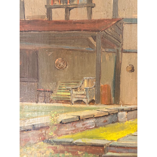 Framed American Oil on Board - portrait of a house, signed Anton Rudert. c 1950. New framed in grey wood floating frame,...