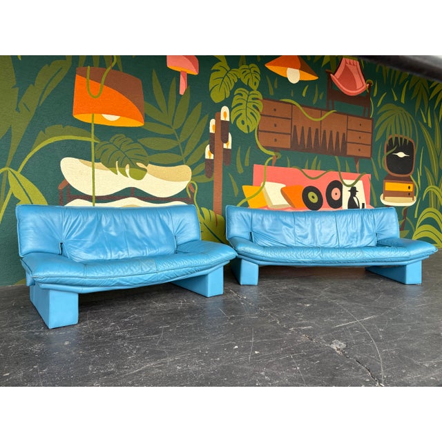 Vintage Postmodern Italian Nicoletti Attrb Blue Leather Sofa For Sale - Image 4 of 12