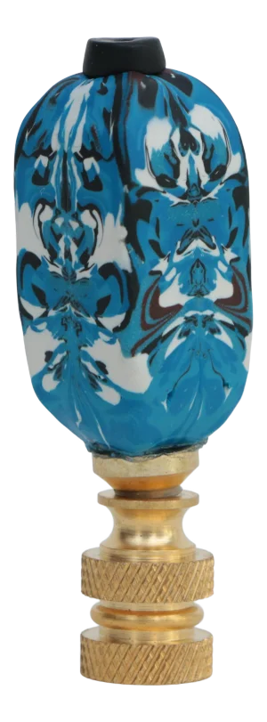 Inkblot Blue & White Lamp Finial on Brass Hardware