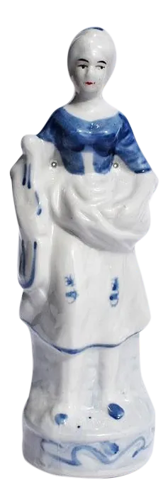 Chinoiserie Blue and White Ceramic Chintz Figurine of a Peasant Woman
