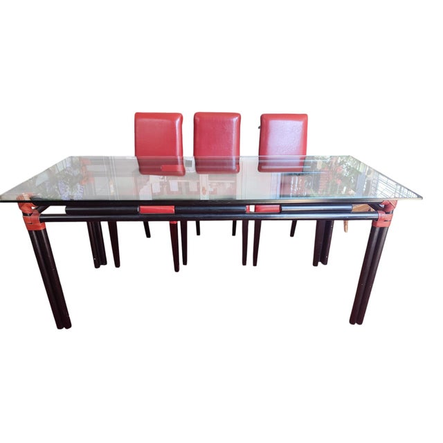 Black Lacquered Bamboo-Style Table with Glass Top and Red Leather Woven Straps, 1980s, in Very Good conditions. Designed...
