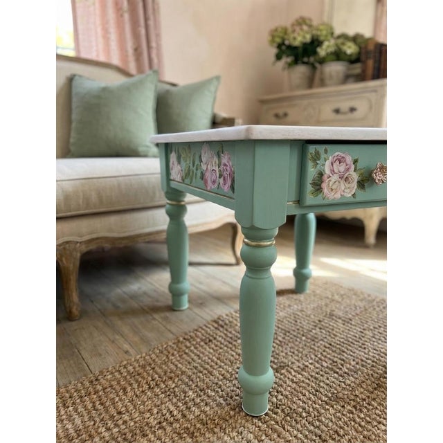 Shabby Chic Pair of Hand-Refinished End Tables With Custom Soft Green Finish and Floral Detail For Sale - Image 3 of 10