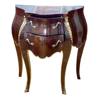 French-Style Two-Drawer Cabinet – Sculpted Wood Design With Gold Leaf Details & Marble Top For Sale