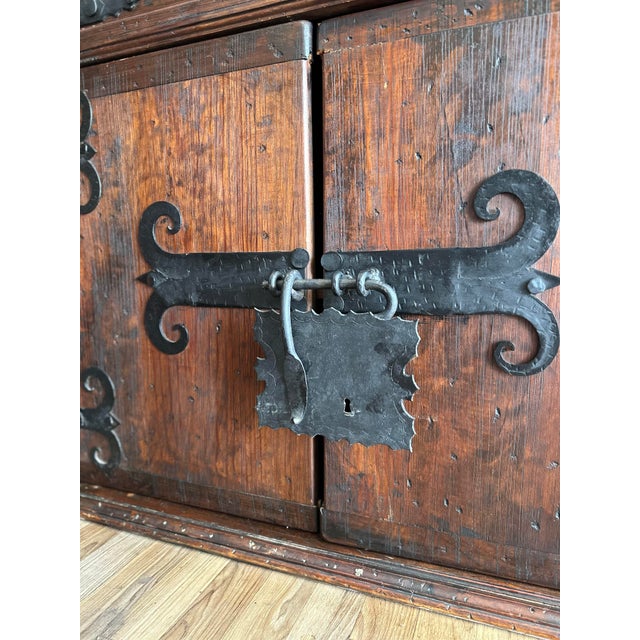 Spanish Late 19th Century Monumental Wooden Spanish Colonial Cabinet With Wrought Iron Doors and Lock For Sale - Image 3 of 7