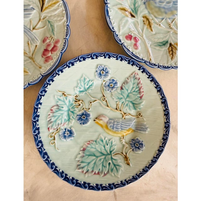 2010s Pottery Barn Blue Majolica Bird Plates Set - Set of 9 For Sale - Image 5 of 12