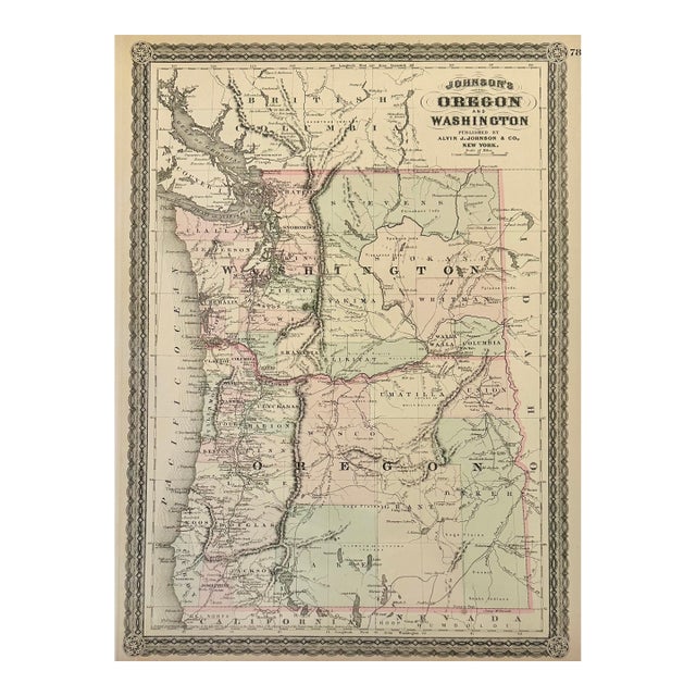 Oregon and Washington Original Map by Johnson, 1870 For Sale