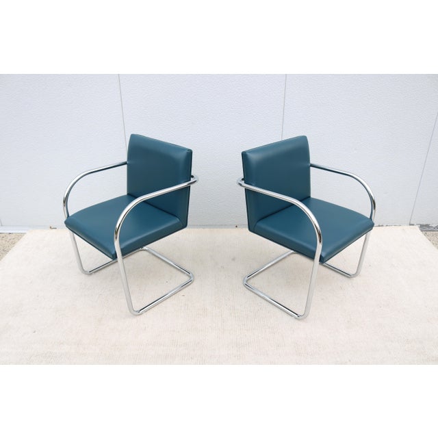 Ludwig Mies Van Der Rohe Brno Tubular Chairs in Blue Leather by Gordon - A Pair For Sale - Image 9 of 18
