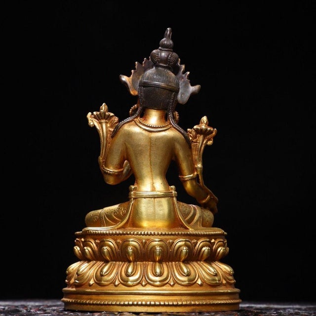 Late 20th Century Vintage Gilt Bronze Green Tara Statue Buddhist Deity Sculpture 8.3" For Sale - Image 5 of 9