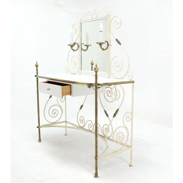 Decorative Vanity Dressing Table Milk Glass Top Metal Scroll Brass Hardware For Sale - Image 6 of 10