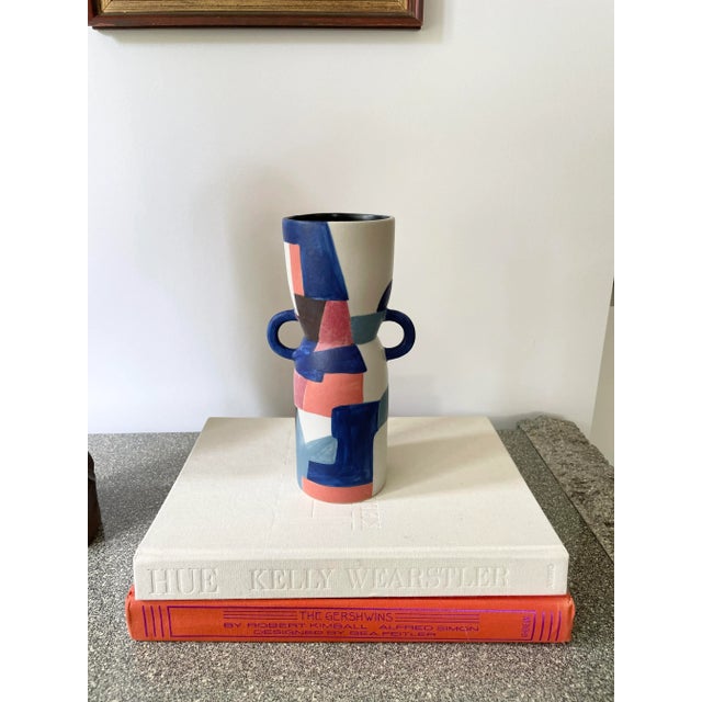 Alabaster Hand-Painted Modernist Rounded Handle Urn Vase For Sale - Image 8 of 8