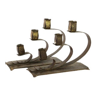 Pair of Antique E. T. C. Fish Arts & Crafts Hammered Brass 3-Light Candelabra For Sale