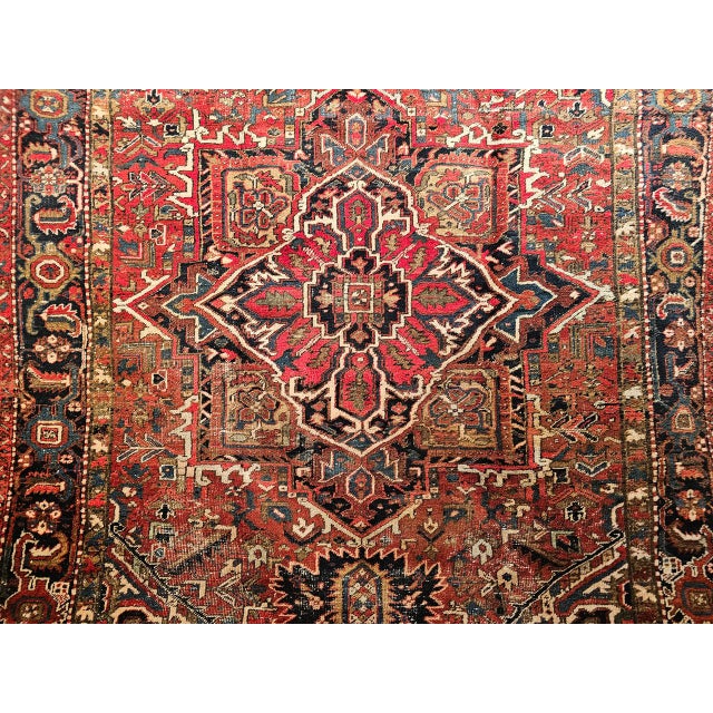 Vintage Persian Heriz Rug, Hand-Knotted Wool, Geometric Medallion Pattern, Red & Navy, 9x12 For Sale - Image 15 of 18