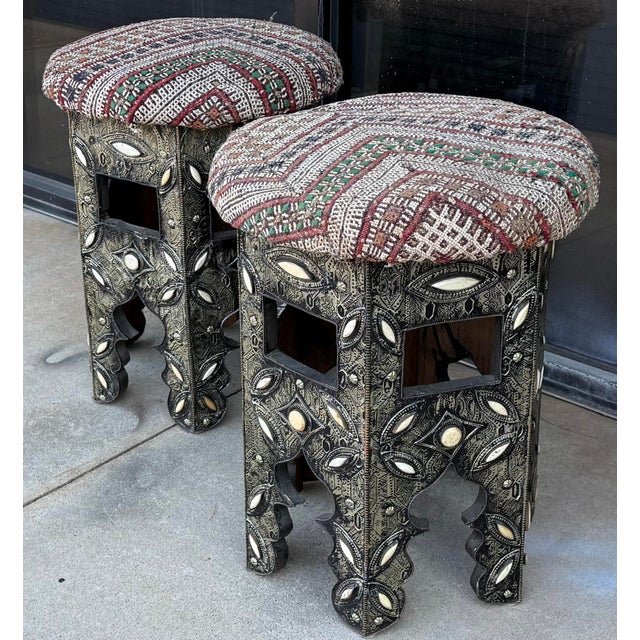 Wood Mid-Century Anglo-Indian Bone Inlaid & Embossed Metal Side Table or Stool - Pair For Sale - Image 7 of 7