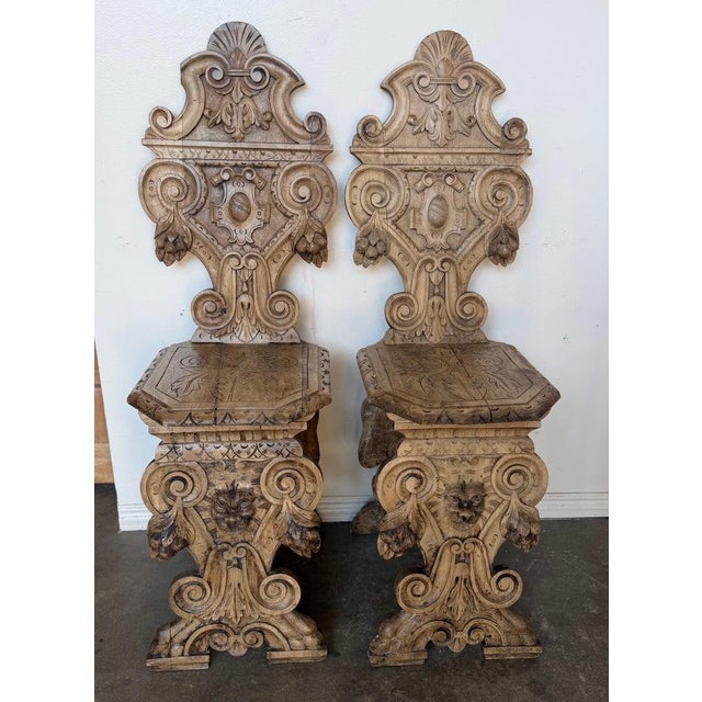 Pair of 19th C. Italian Renaissance Sgabello Hall Chairs - Heavily Carved Walnut For Sale - Image 12 of 18