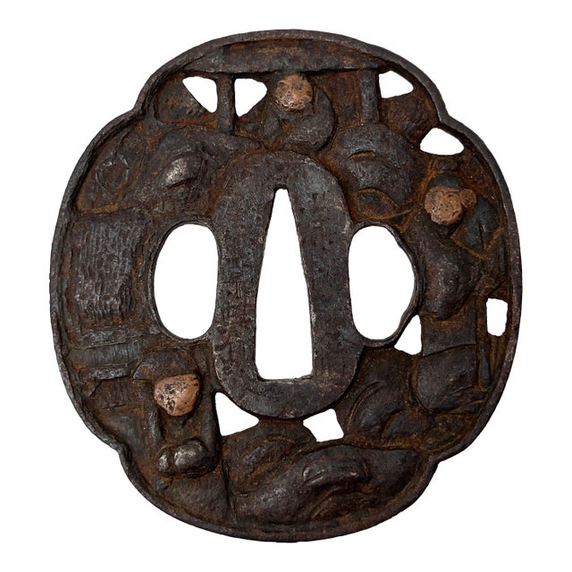 Antique Japanese Samurai Sword Hilt – Iron Tsuka With Engraved Floral Motifs For Sale