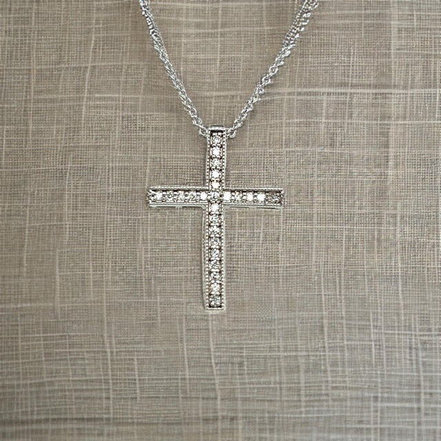 Natural Diamond Cross Pendant with Chain 17" 14k W Gold 0.25 CT Certified For Sale - Image 12 of 14