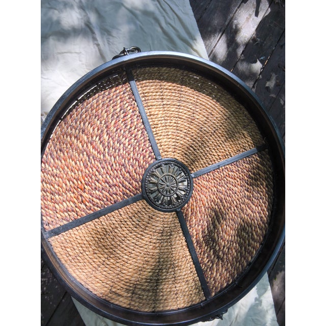 Vintage Hollywood Regency Woven Wicker and Wrought Iron Round Tray Table. For Sale - Image 6 of 16